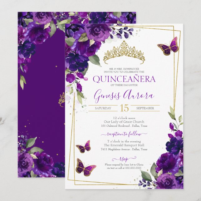 Quinceañera Butterfly Lila Aquarellblume Einladung (Vorne/Hinten)