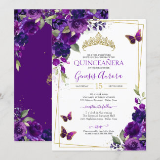 Quinceañera Butterfly Lila Aquarellblume Einladung