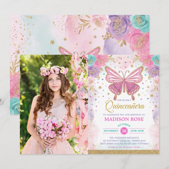 Quinceañera Butterfly Pink Lila Aquamariner Geburt Einladung (Vorne/Hinten)