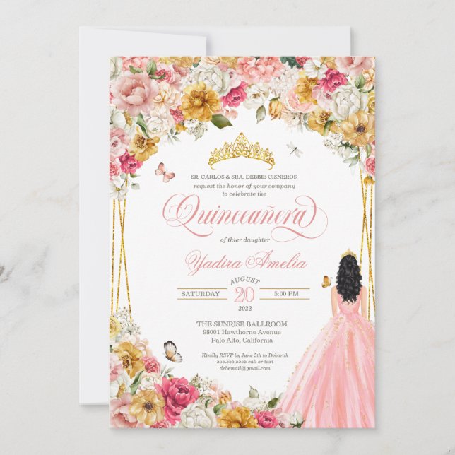 Quinceanera Butterfly Rosa Gelbe Blüte in Rosa Einladung (Vorderseite)