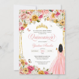 Quinceanera Butterfly Rosa Gelbe Blüte in Rosa Einladung