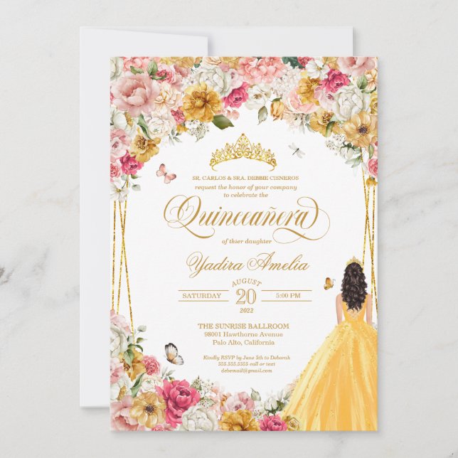  Quinceanera Butterfly Rosa Gelbe Blüte in Rosa Einladung (Vorderseite)