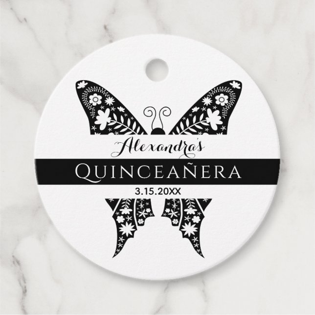 Quinceanera Butterfly Schwarz-Weiß Geschenkanhänger (Vorderseite)