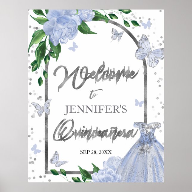 Quinceanera Butterflys Dusty Blue Begrüßungszeiche Poster (Vorne)
