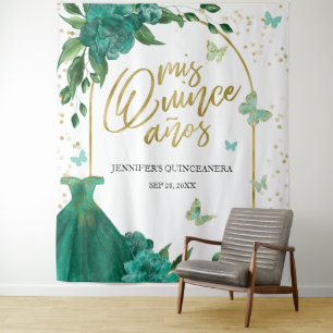 Quinceanera Butterflys Emerald Green Gown Hintergr Wandteppich