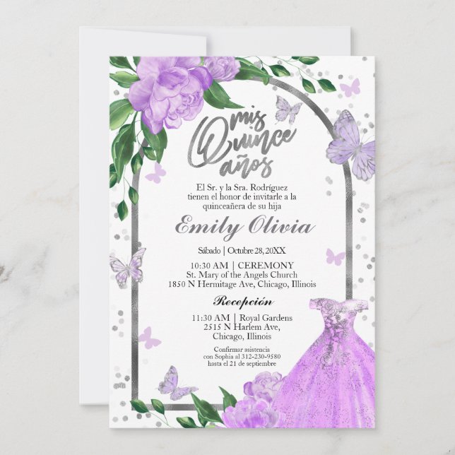 Quinceanera Butterflys Lavender Gown Spanisch Einladung (Vorderseite)
