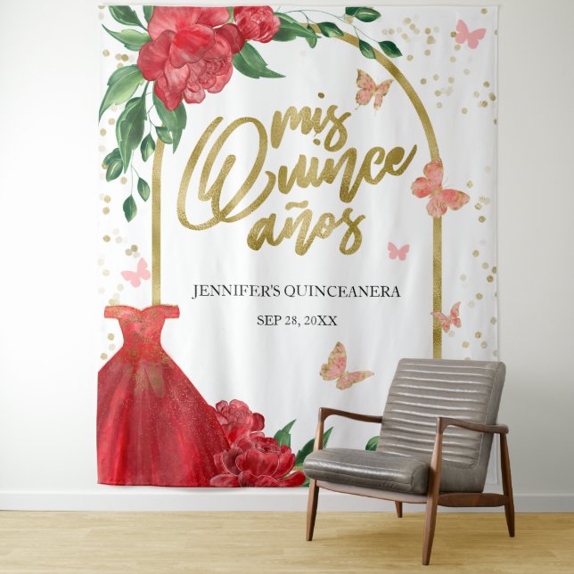 Quinceanera Butterflys Red Gown Hintergrund Wandteppich (Beispiel)