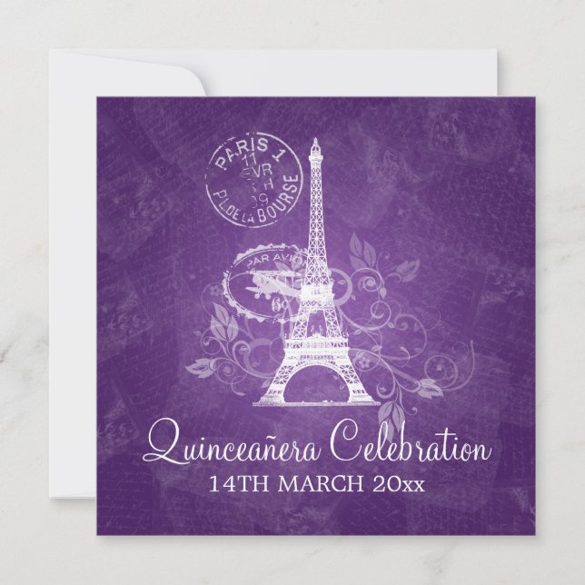 Quinceañera Celebration Party Paris Lila Einladung (Vorderseite)