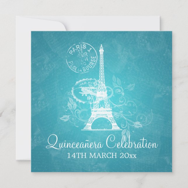 Quinceañera Celebration Party Romantik Paris Blaue Einladung (Vorderseite)