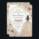 Quinceañera Champagne Beige Cream Floral Princess Save The Date<br><div class="desc">Personalisieren Sie diesen eleganten Champagner floral Quinceañera / Sweet 16 Geburtstag Save the Date einfach und schnell. Klicken Sie einfach auf die Schaltfläche "Weitere Einstellungen", um die Texte zu bearbeiten, Schriftart und Schriftart zu ändern. Mit wunderschönen Champagner-Blume in Aquarellfarbe, einem Mädchen in einem hübschen Champagnerkugel und einer goldenen Prinzessenkrone. Perfekt...</div>