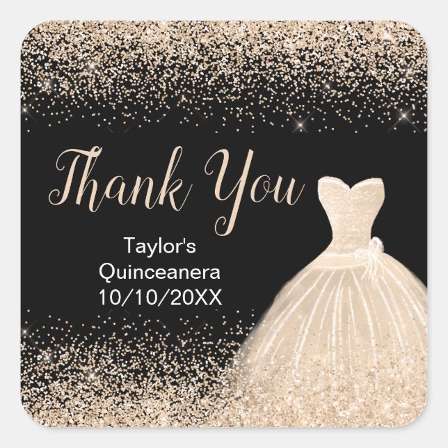Quinceanera Champagne Weißes Kleid Imitate Glitzer Quadratischer Aufkleber (Vorderseite)