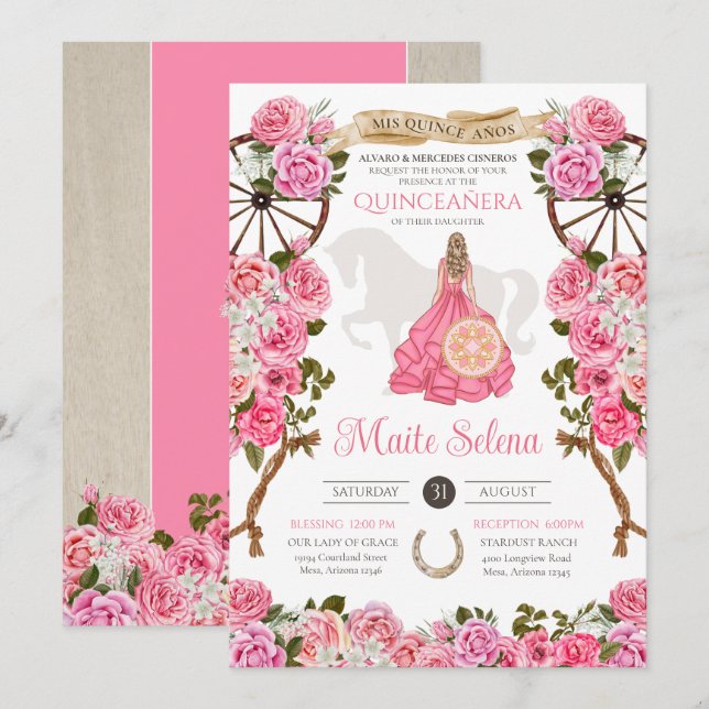 Quinceanera Charro Rodelbahn mit Aussicht Rosa Wes Einladung (Vorne/Hinten)