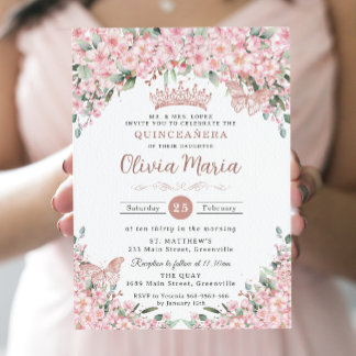 Quinceañera Cherry Blüten Rose Gold Schmetterlinge Einladung