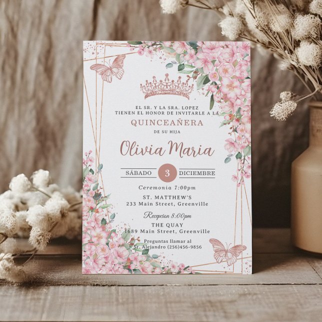 Quinceañera Cherry Blüten Rose Gold Schmetterlinge Einladung (Von Creator hochgeladen)
