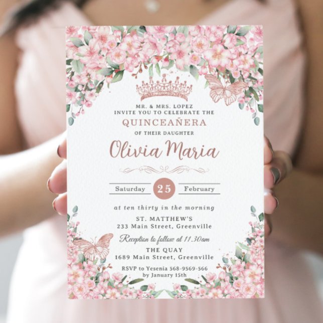 Quinceañera Cherry Blüten Rose Gold Schmetterlinge Einladung (Von Creator hochgeladen)