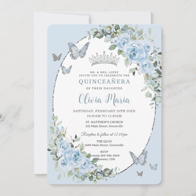 Quinceañera Chic Baby Blue Floral Butterfliegen Einladung (Vorderseite)