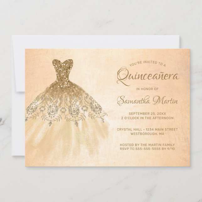 Quinceanera Chic Gold Dress Coral Party Invitation (Devant)