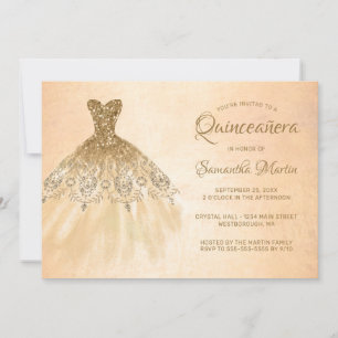 Quinceanera Chic Gold Dress Coral Party Invitation