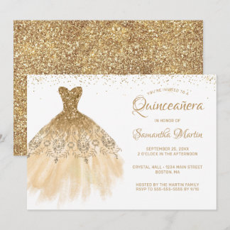 Quinceanera Chic Gold Dress Glitzer Weißes Party Einladung