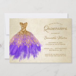 Quinceanera Chic Gold Lila Dress on Gold Party I Einladung