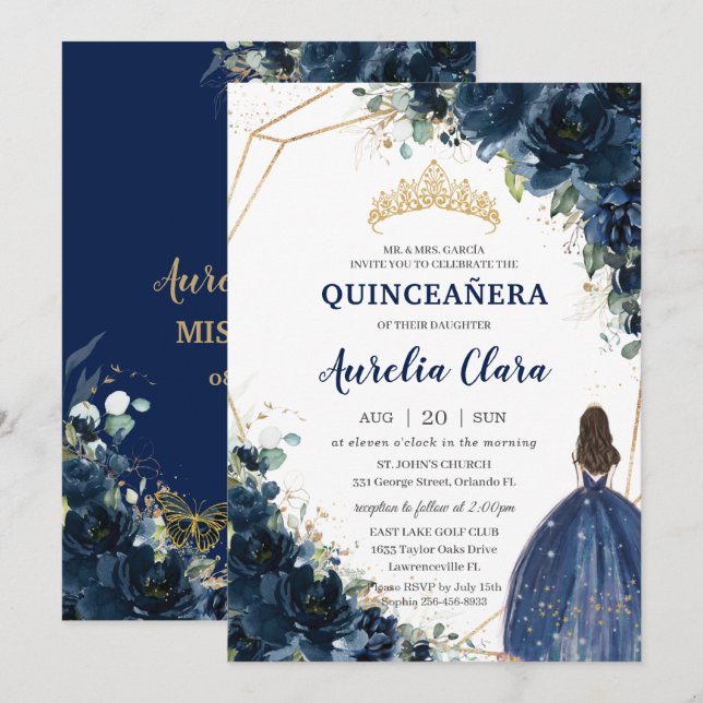 Quinceañera Chic Navy Blue Floral Princess Crown Einladung (Vorne/Hinten)
