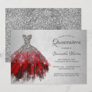 Quinceanera Chic Red Silver Dress Glitzer Party Einladung