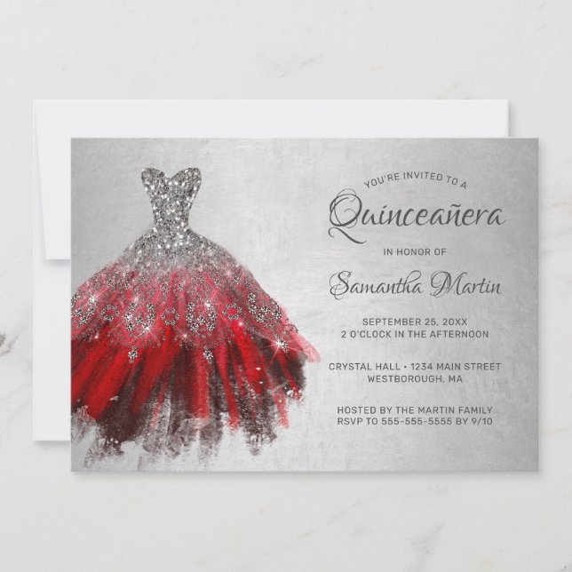 Quinceanera Chic Red Silver Dress Shiny Party Invi Einladung (Vorderseite)
