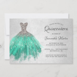 Quinceanera Chic Silver Aqua Dress on Silver Party Einladung