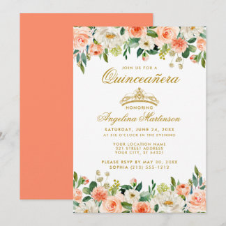 Quinceanera Coral Floral Gold Crown Einladung