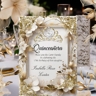 Quinceanera Creme Blumen Gold Weiße Tiara Party Einladung