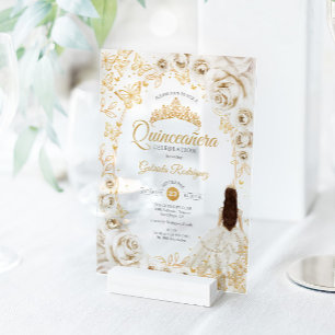 Quinceanera Creme Gold Blumen Acryleinladungen