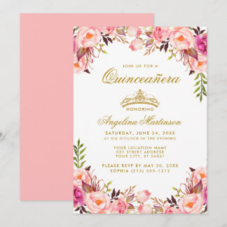 Quinceanera Crown Pink Blush Floral Gold Einladung