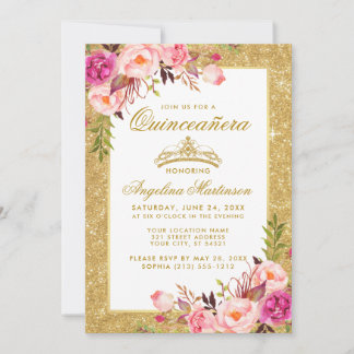 Quinceanera Crown Pink Floral Gold Glitzer Einladung