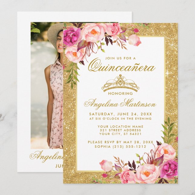 Quinceanera Crown Pink Floral Gold Glitzer Foto Einladung (Vorne/Hinten)