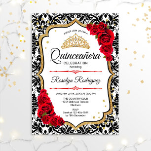 Quinceanera - Damask Red Gold Einladung