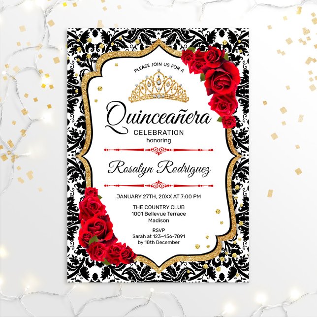Quinceanera - Damask Red Gold Einladung (Von Creator hochgeladen)