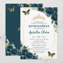 Quinceañera Dark Aquamarin Peacock Floral Butterfl