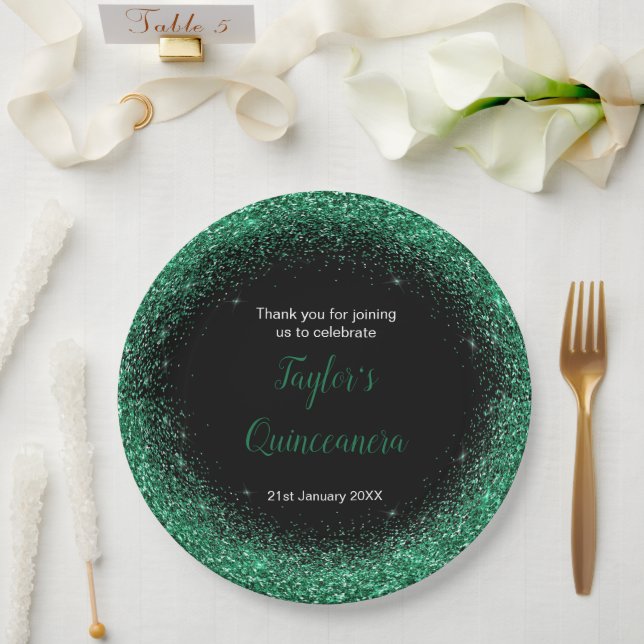 Quinceanera Dark Green Imitats Glitzer Pappteller (Hochzeit)