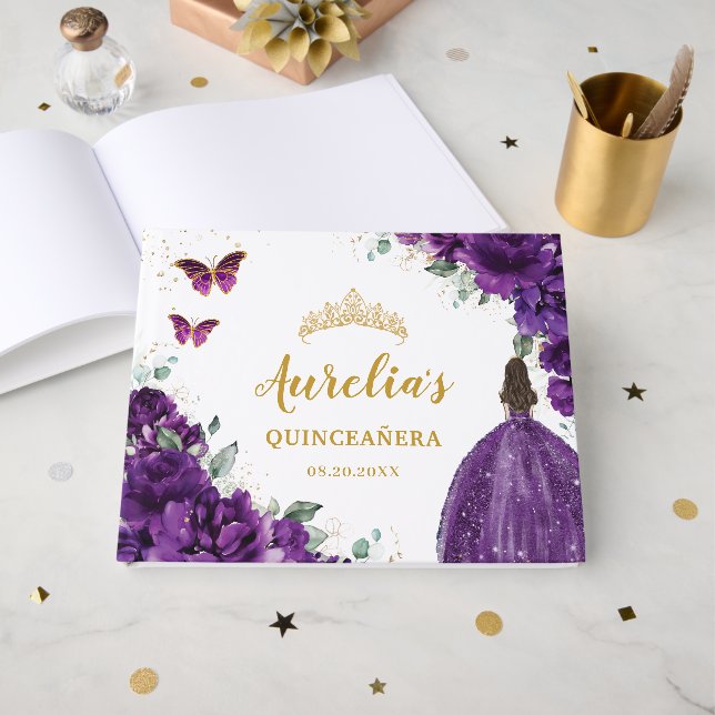 QUINCEAÑERA Dark Lila Floral Princess Butterfly Gästebuch (Vorderseite Offen)