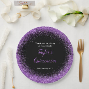 Quinceanera Dark Lila Imitats Glitzer Pappteller