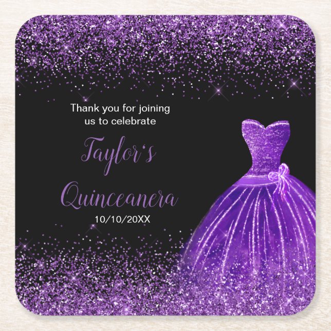 Quinceanera Dark Lila Imitats Glitzer Rechteckiger Pappuntersetzer (Vorderseite)