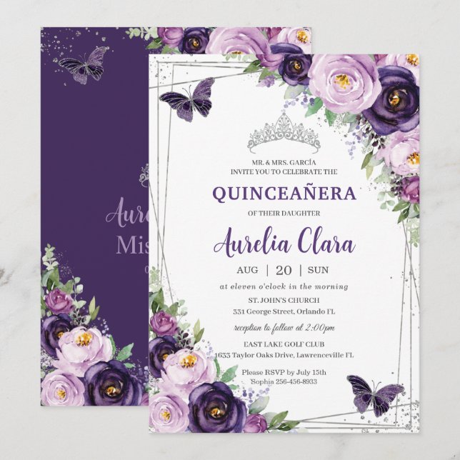 Quinceañera Dark Lila Lilac Floral Butterfliegen Einladung (Vorne/Hinten)