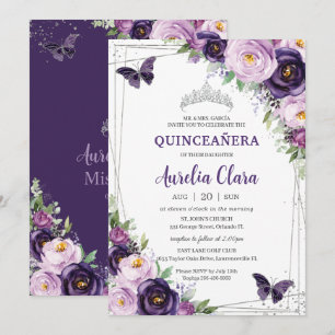 Quinceañera Dark Lila Lilac Floral Butterfliegen Einladung