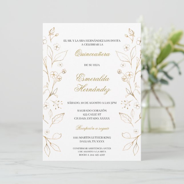 Quinceañera de tema oro einladung (Stehend Vorderseite)