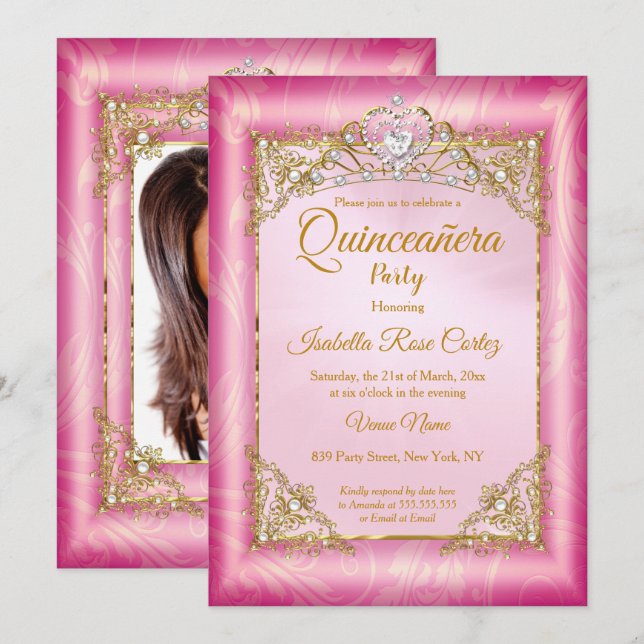 Quinceanera Deep Pink Damask Foto Gold Tiara Einladung (Vorne/Hinten)
