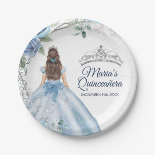 Quinceañera Dusty Blue Blumen Aquarell Pappteller