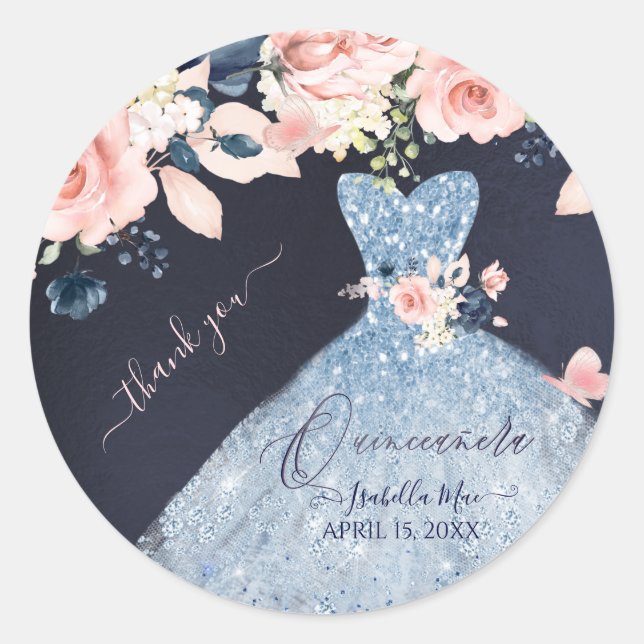Quinceanera Dusty Blue Glitzer Gown Blush Rose Runder Aufkleber (Vorderseite)
