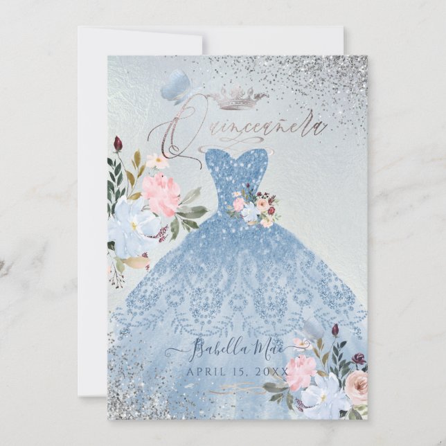 Quinceanera Dusty Blue Glitzer Gown Butterfly Einladung (Vorderseite)