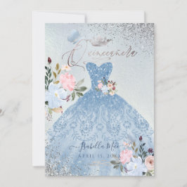 Quinceanera Dusty Blue Glitzer Gown Butterfly Einladung