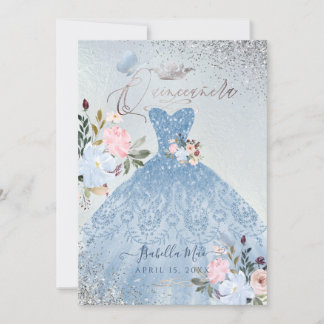 Quinceanera Dusty Blue Glitzer Gown Butterfly Einladung
